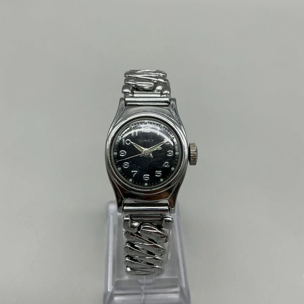 Vintage Timex 1960's Womens Watch 23mm Black Dial Stainless Stretch Band Manual